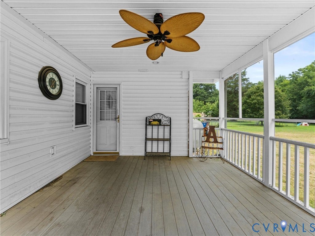 9633 Shamrock Drive, Centralia Gardens/Salem Woods, Chesterfield, VA 23237 Screened porch featuring a wood-finish floor, white siding, and a ceiling fan