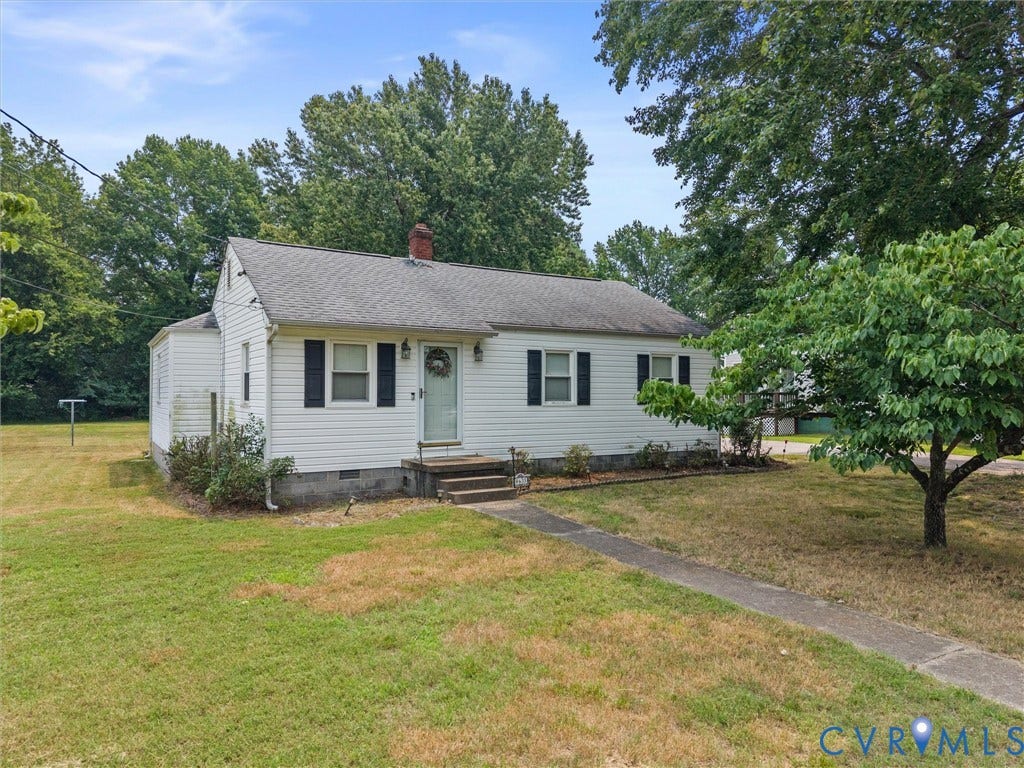 9633 Shamrock Drive, Centralia Gardens/Salem Woods, Chesterfield, VA 23237 White exterior siding with dark shutters, front entry with steps, and a concrete path