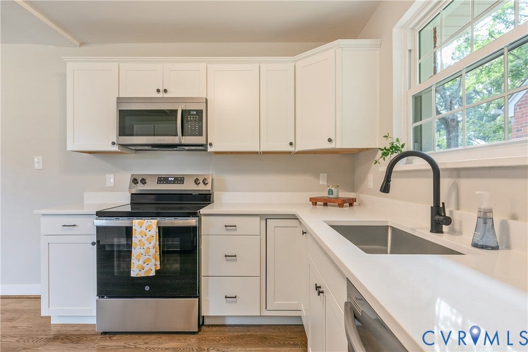 3512 Fendall Avenue, Edgewood, Richmond, VA 23222 Well-appointed kitchen featuring white cabinetry, light-toned countertops, and wood-finish flooring