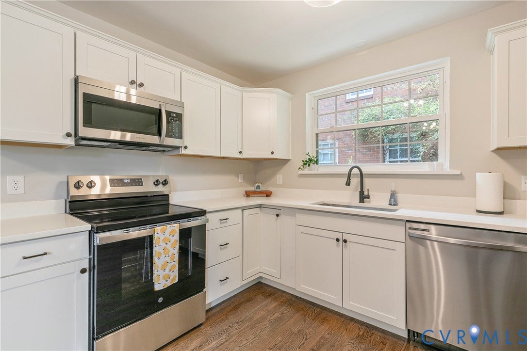 3512 Fendall Avenue, Edgewood, Richmond, VA 23222 Modern kitchen featuring white cabinetry, stainless steel appliances, light countertops, a black gooseneck faucet, and wood-finish flooring