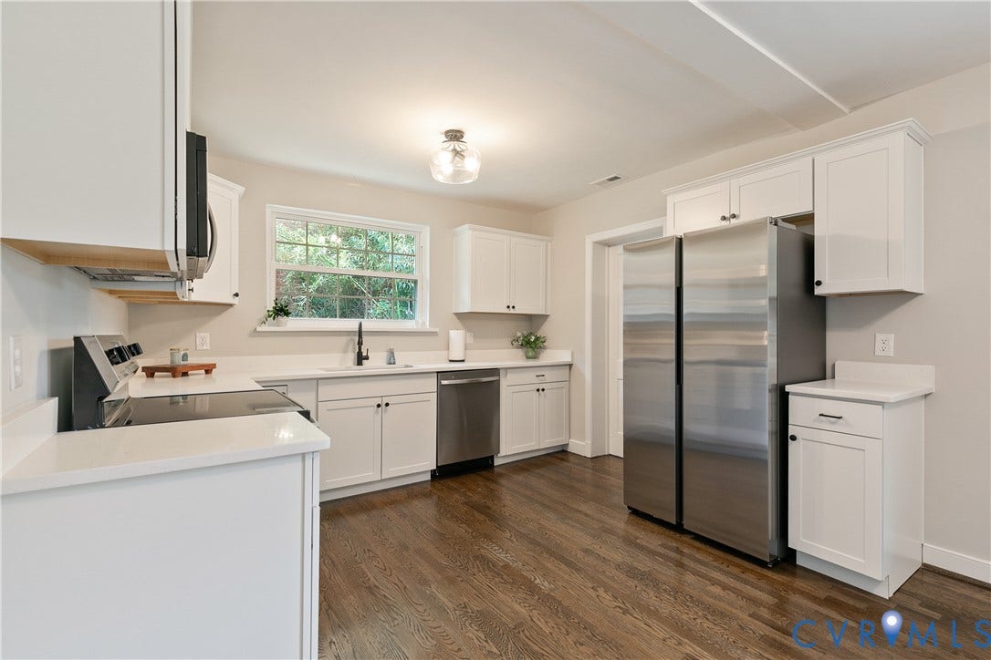 3512 Fendall Avenue, Edgewood, Richmond, VA 23222 Bright kitchen featuring white shaker-style cabinetry, stainless steel appliances, quartz countertops, and rich wood-finish flooring