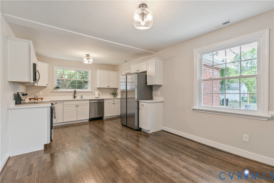 3512 Fendall Avenue, Edgewood, Richmond, VA 23222 Kitchen featuring white cabinetry, stainless steel appliances, light countertops, a dark wood-finish floor, and two windows