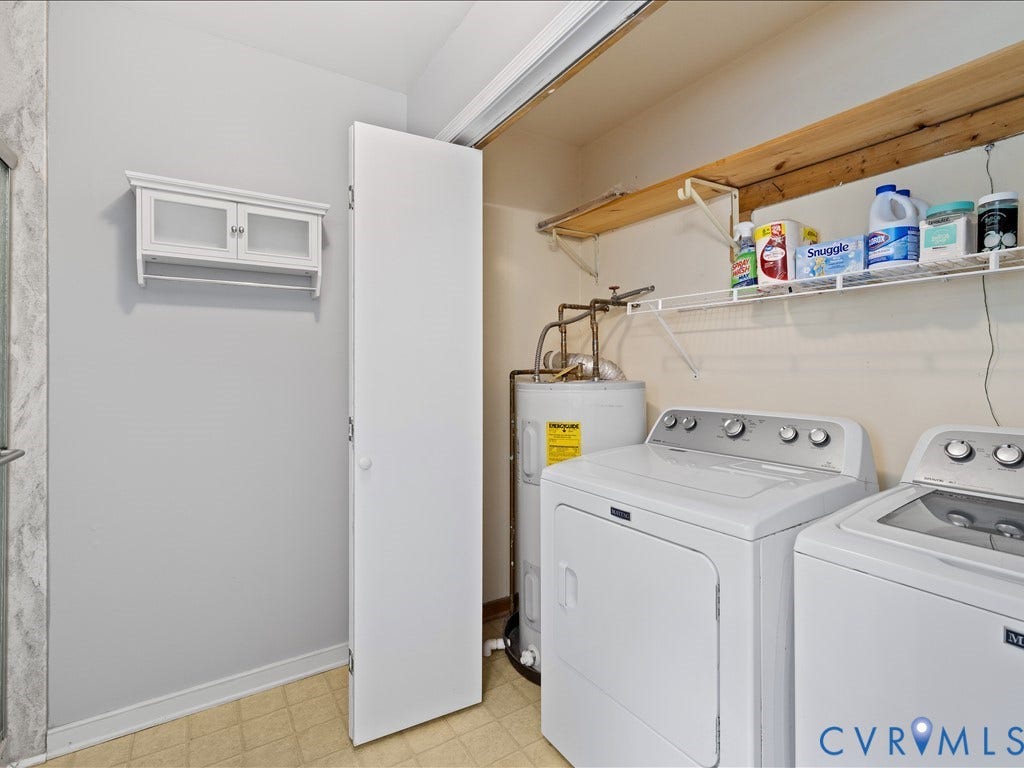 12230 Harrowgate Road, Chesterfield, VA 23831 Dedicated utility area featuring a water heater, upper wood shelving, and wire shelving for storage