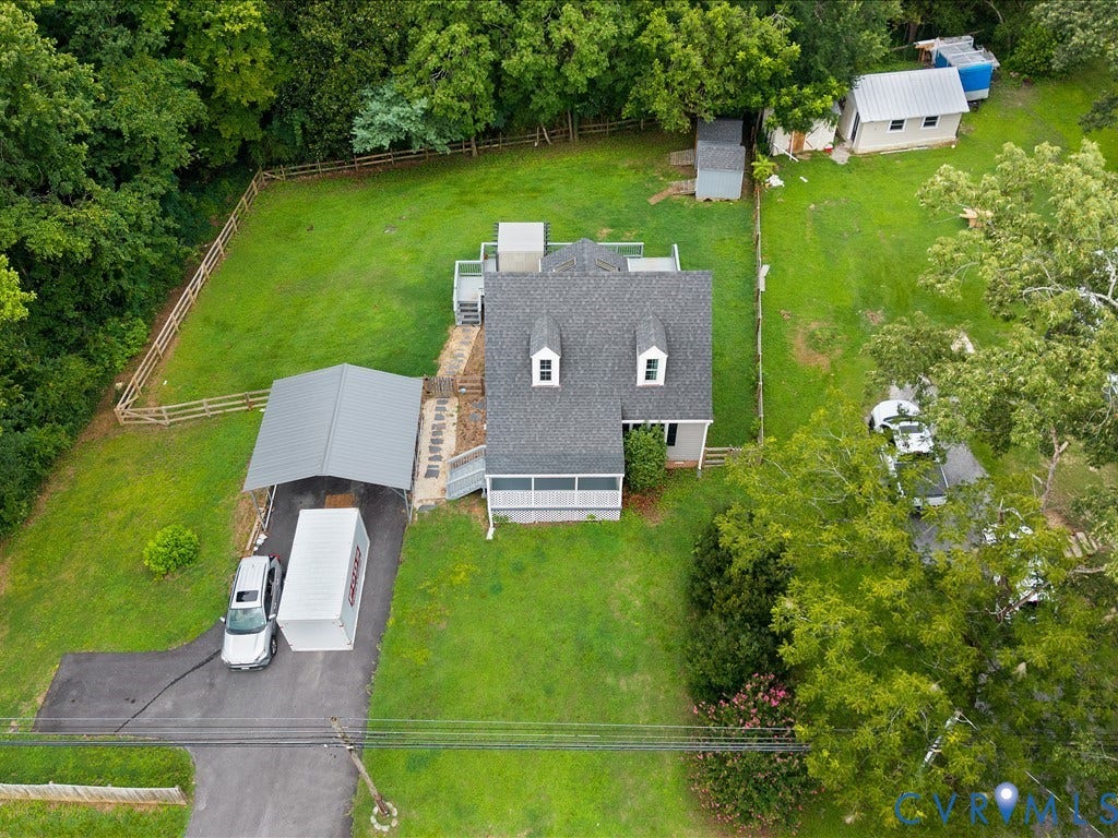 12230 Harrowgate Road, Chesterfield, VA 23831 Aerial view featuring a property with extensive green space, a gabled roofline, and a paved driveway