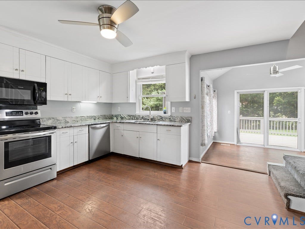 12230 Harrowgate Road, Chesterfield, VA 23831 Kitchen featuring white cabinetry, stone countertops, stainless steel appliances, and wood-finish flooring