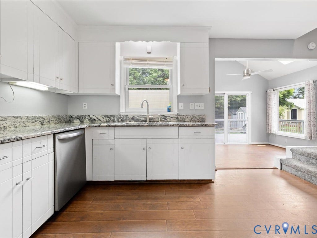 12230 Harrowgate Road, Chesterfield, VA 23831 Kitchen featuring white cabinetry, stone countertops, stainless steel appliances, and wood-finish flooring