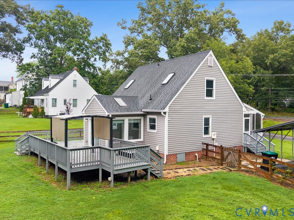 12230 Harrowgate Road, Chesterfield, VA 23831 Rear exterior with a large multi-level deck, light gray siding, and a screened-in porch