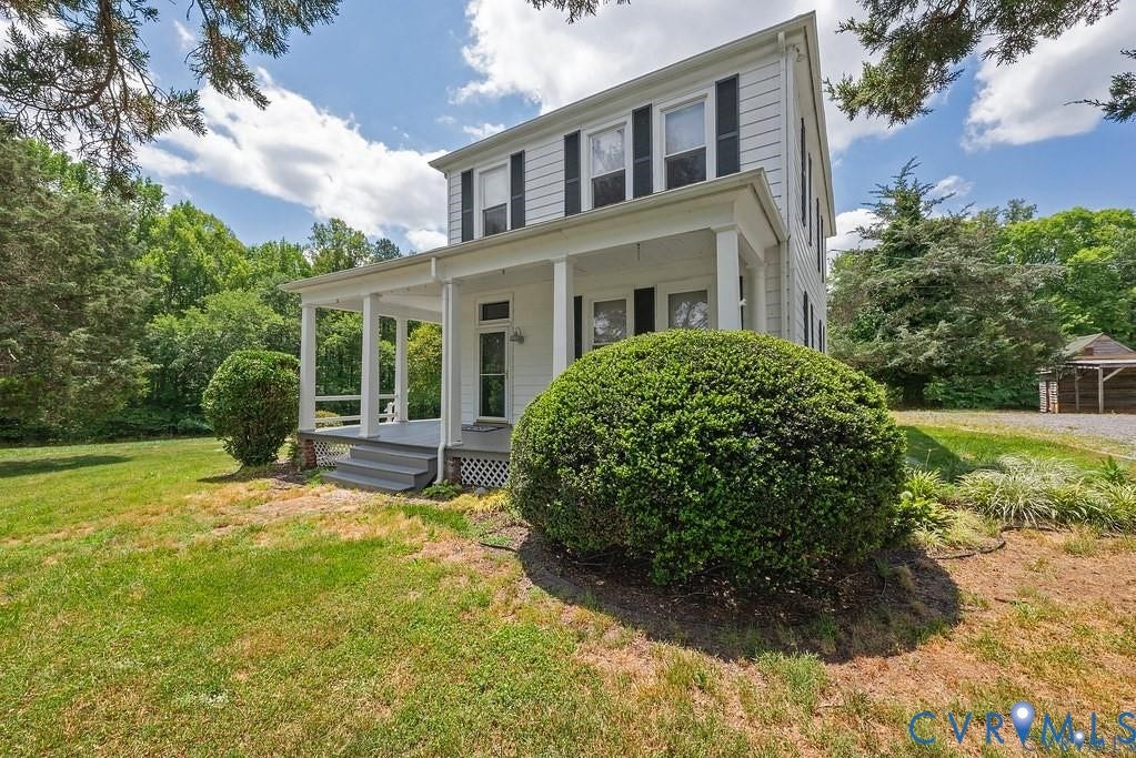11300 Aspen Grove Drive, Glen Allen, VA 23059 Two-story white siding exterior featuring a full-width covered porch with white columns and dark gray steps