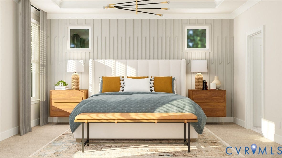 Spacious room featuring a tray ceiling, recessed wall paneling, and a contemporary chandelier