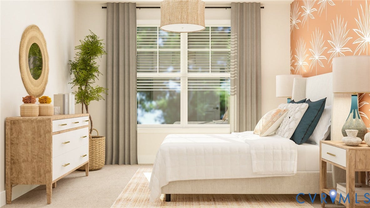 Carpeted bedroom featuring a large window with blinds and drapes, a patterned accent wall, and a central overhead light fixture
