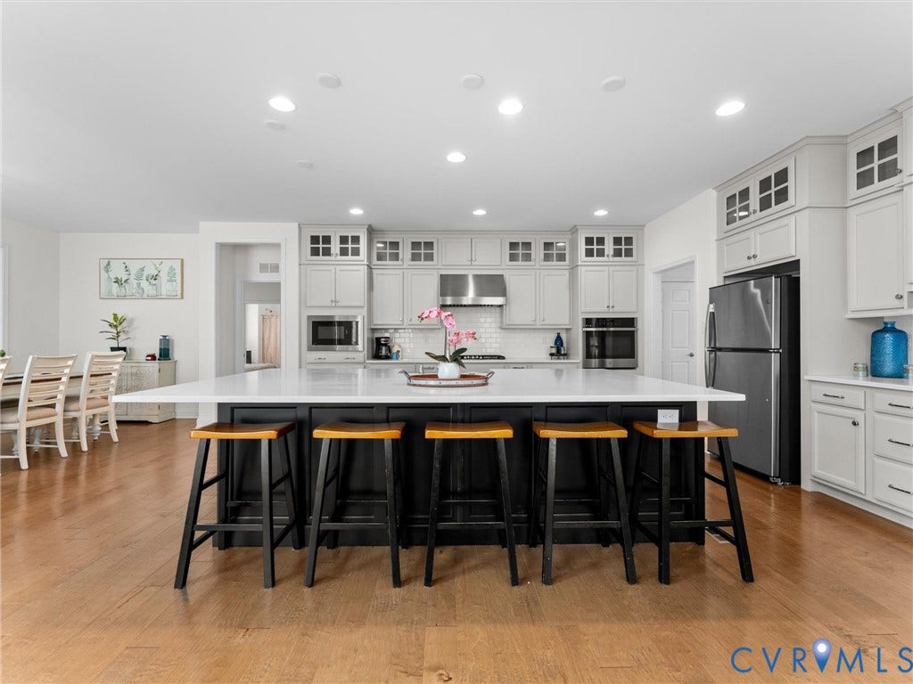 6642 Stonewolf Court, Moseley, VA 23120 Spacious kitchen featuring a large central island with seating, stainless steel appliances, light-toned cabinetry with glass-front accents, and wood-finish flooring
