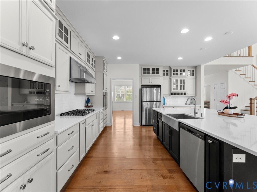 6642 Stonewolf Court, Moseley, VA 23120 Open-concept kitchen featuring wood-finish flooring, white cabinetry, stainless steel appliances, a white tile backsplash, and a central island with a farmhouse sink