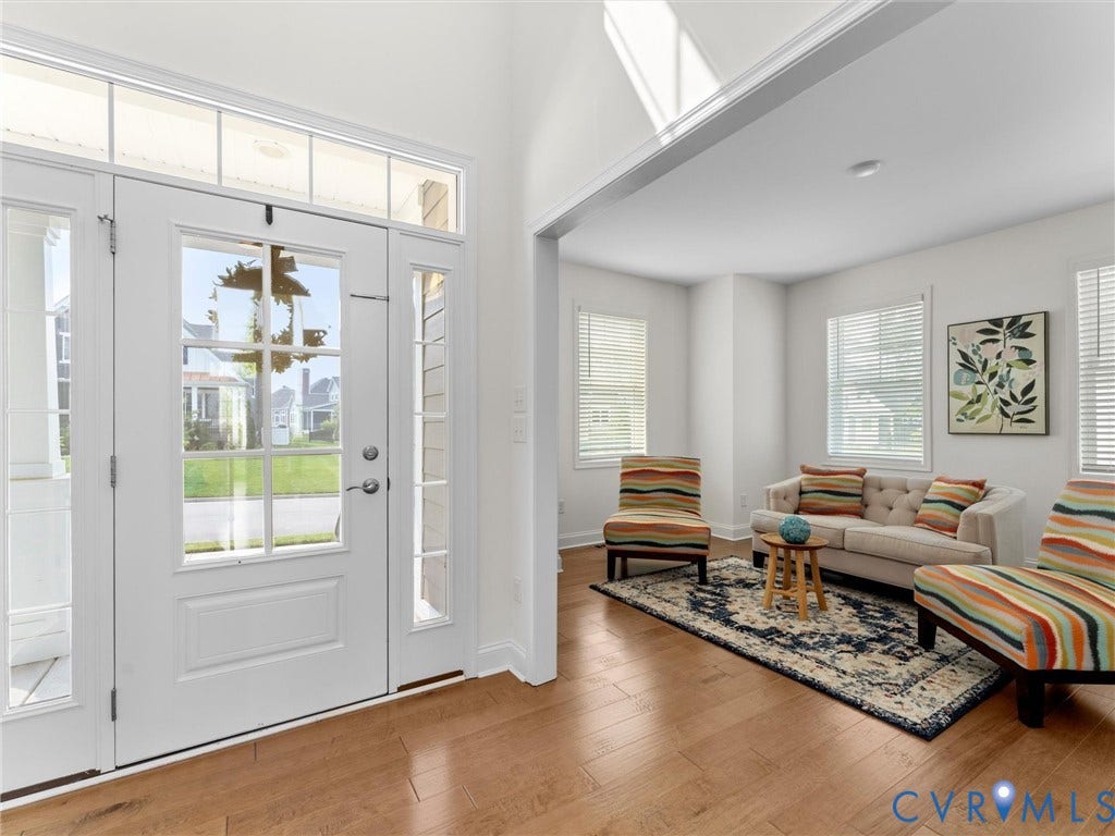 6642 Stonewolf Court, Moseley, VA 23120 Foyer entry with a transom window and sidelights, featuring wood-finish flooring