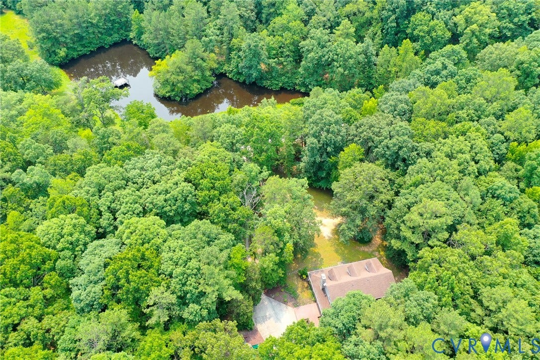 1174 Dorset Road, Powhatan, VA 23139 Wooded estate featuring a private pond with a small dock, expansive natural surroundings, and a secluded residence with a brown shingle roof