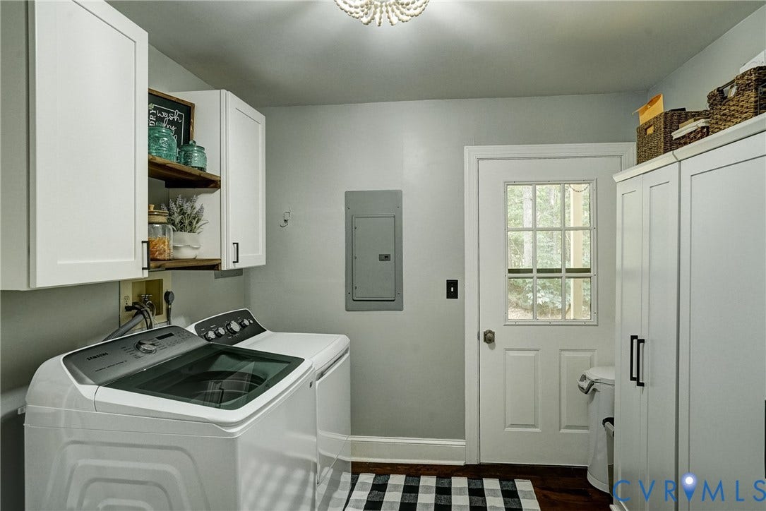 1174 Dorset Road, Powhatan, VA 23139 Dedicated laundry room featuring white shaker-style cabinetry, open wood shelving, and a glass-paneled exterior door