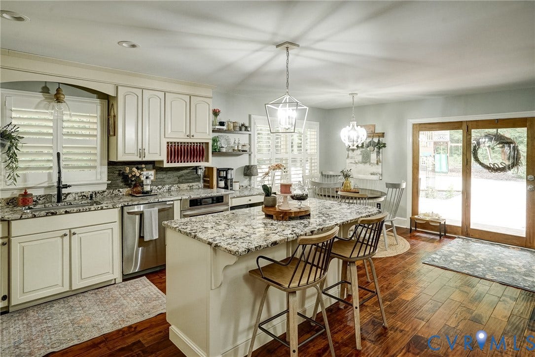 1174 Dorset Road, Powhatan, VA 23139 Kitchen featuring white cabinetry, granite countertops, stainless steel appliances, wood-finish flooring, and double glass doors