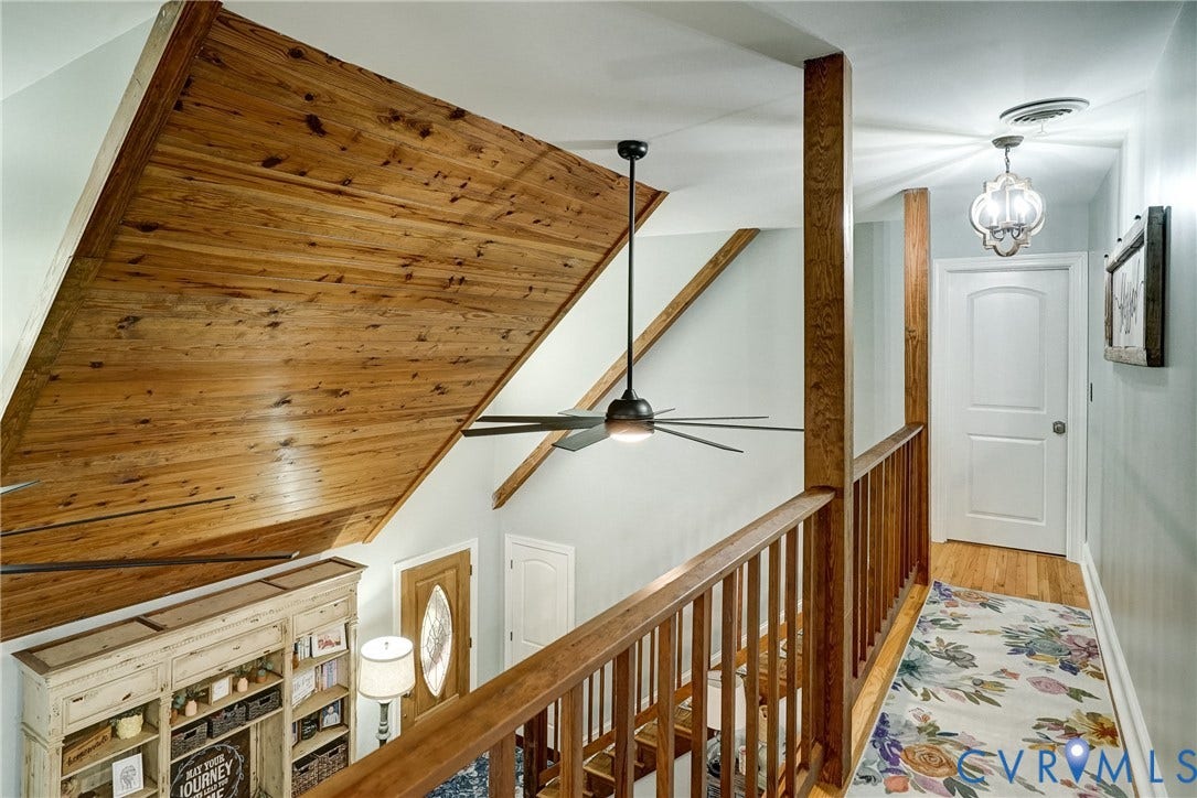 1174 Dorset Road, Powhatan, VA 23139 Vaulted wood-finish ceiling with exposed beams, wood-finish railing, and a modern ceiling fan
