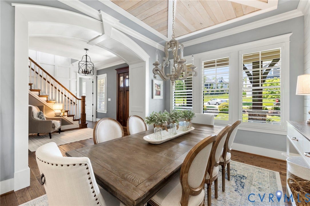 1925 Muswell Court, Hallsley, Midlothian, VA 23112 Dining area featuring a wood plank ceiling, a decorative chandelier, and plantation shutters