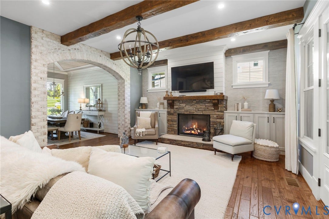 1925 Muswell Court, Hallsley, Midlothian, VA 23112 Living area with exposed wood beams, a stone-faced fireplace with a wood mantle, and built-in cabinetry with flat-panel doors