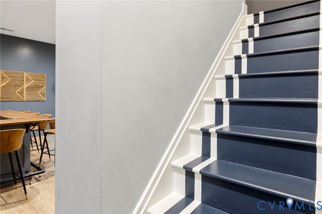 1925 Muswell Court, Hallsley, Midlothian, VA 23112 Staircase featuring dark blue treads with white risers and stringers, complemented by a light grey wall