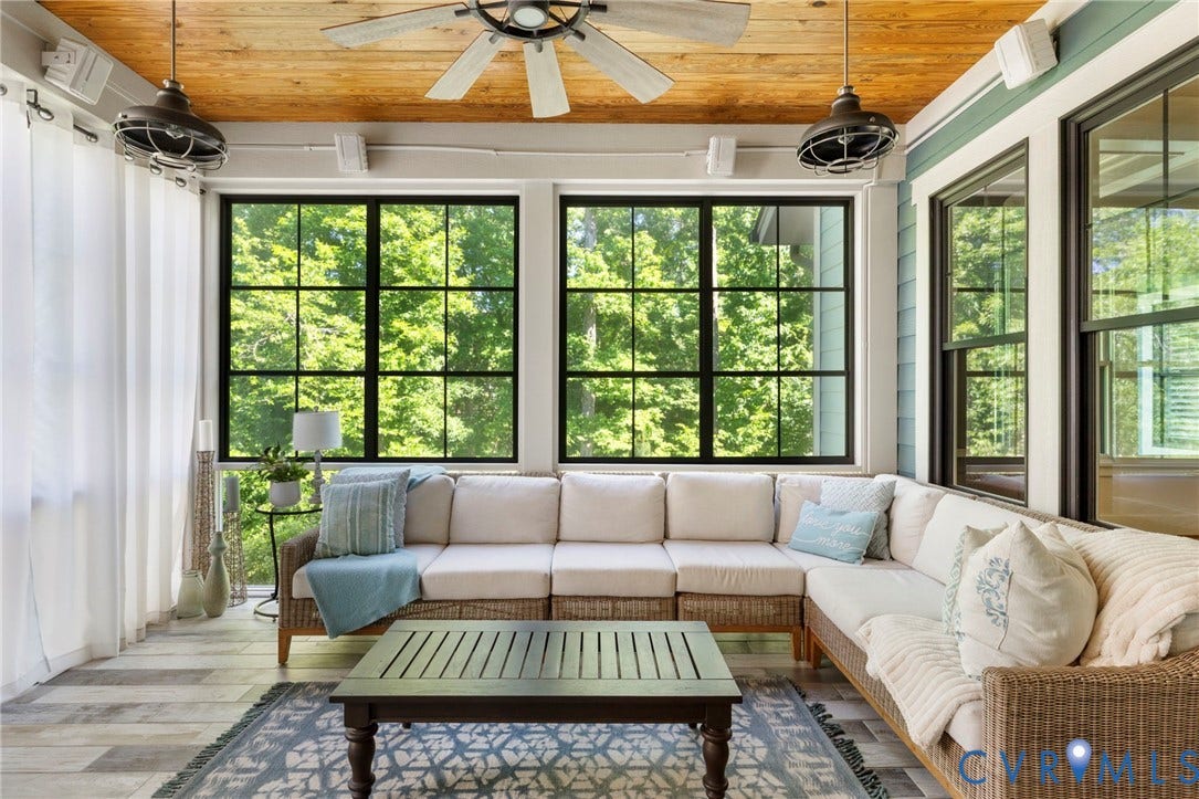 1925 Muswell Court, Hallsley, Midlothian, VA 23112 Screened porch featuring a wood-finish plank ceiling, ceiling fan, and recessed lighting