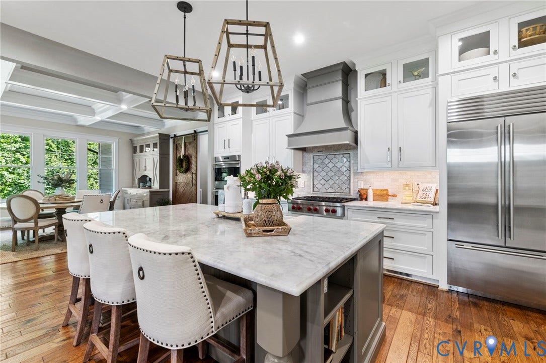 1925 Muswell Court, Hallsley, Midlothian, VA 23112 Gourmet kitchen featuring a substantial island with a stone countertop, white cabinetry with glass-front uppers, stainless steel appliances, a range hood, and wood-finish flooring