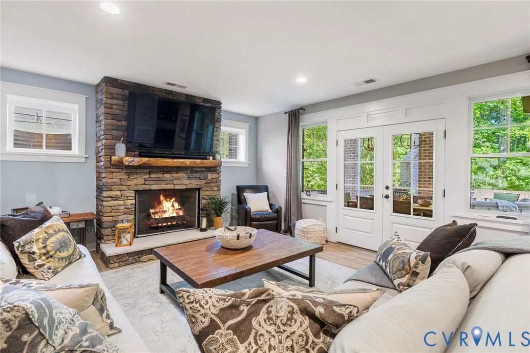 1925 Muswell Court, Hallsley, Midlothian, VA 23112 Living area featuring a stone fireplace with a wood mantle, recessed lighting, and light wood-finish flooring