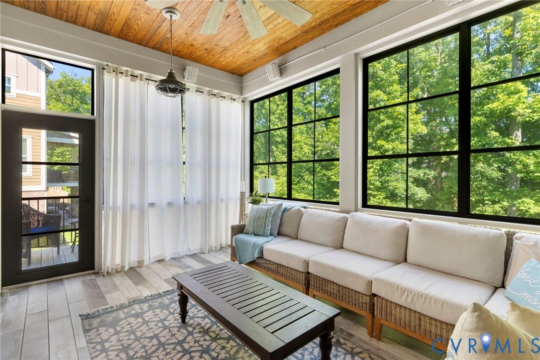 1925 Muswell Court, Hallsley, Midlothian, VA 23112 Screened porch featuring a wood-plank ceiling, black-framed windows, and wood-finish flooring