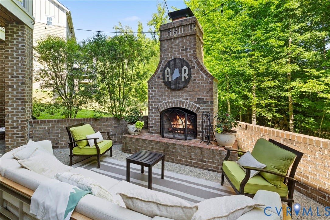 1925 Muswell Court, Hallsley, Midlothian, VA 23112 Outdoor patio featuring a brick fireplace, brick retaining walls, and a pea gravel surface