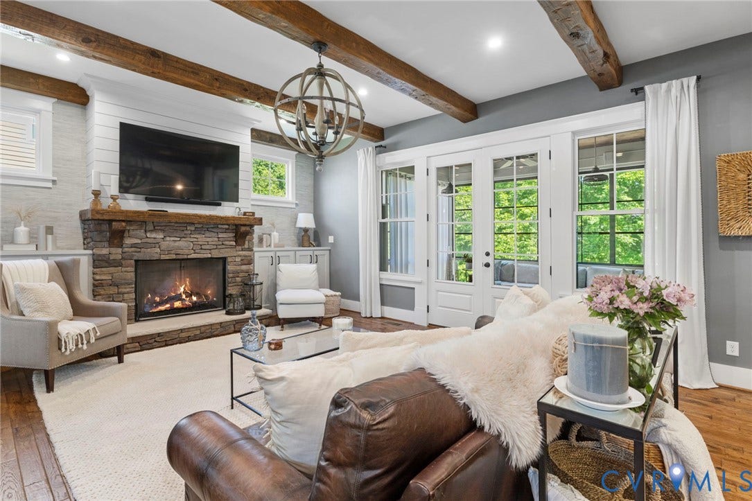 1925 Muswell Court, Hallsley, Midlothian, VA 23112 Exposed wood-finish ceiling beams, a stone fireplace with a wood mantel, and hardwood flooring define this living space