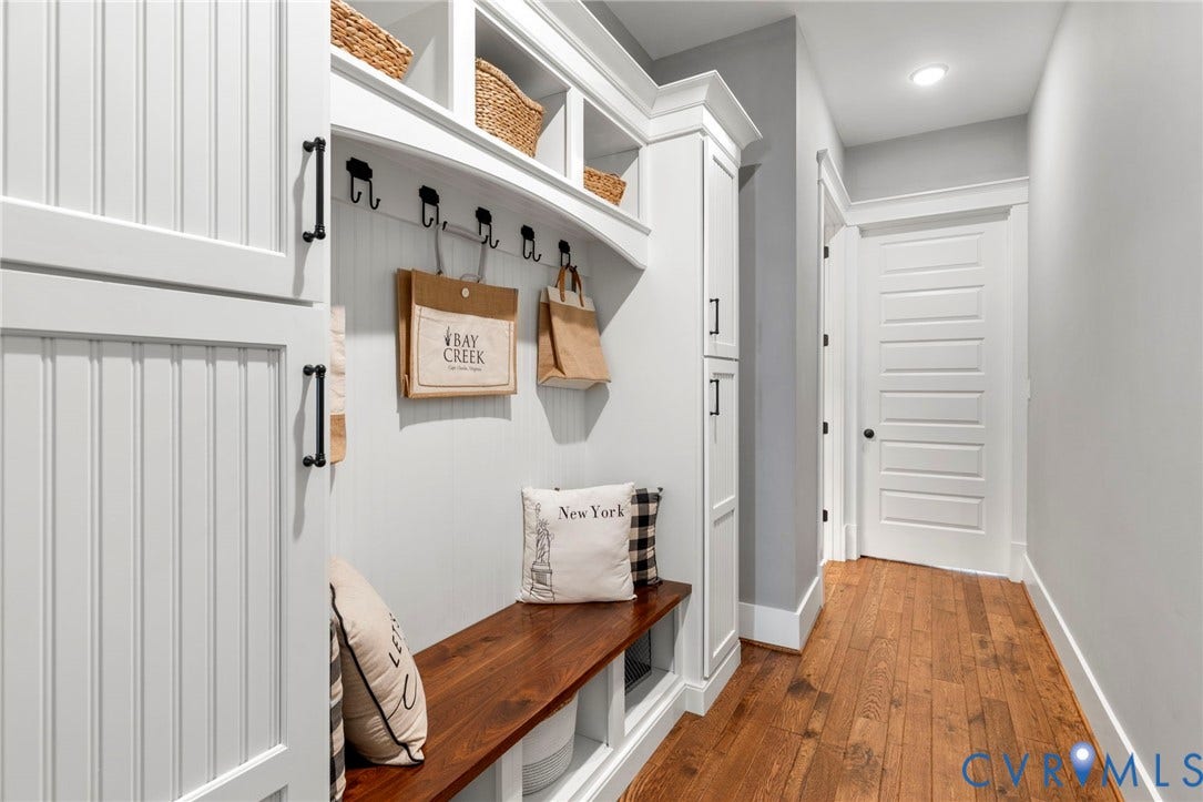 1925 Muswell Court, Hallsley, Midlothian, VA 23112 Custom built-in mudroom cabinetry with beadboard paneling and integrated bench seating