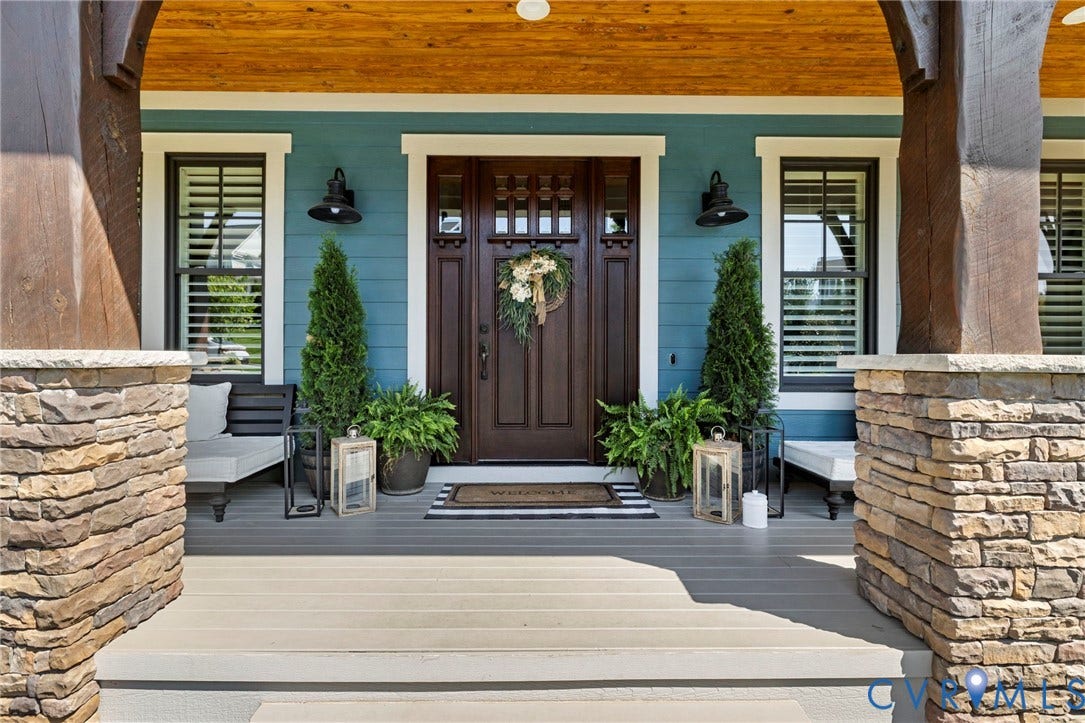 1925 Muswell Court, Hallsley, Midlothian, VA 23112 Front porch with stacked stone pillars and wood beams