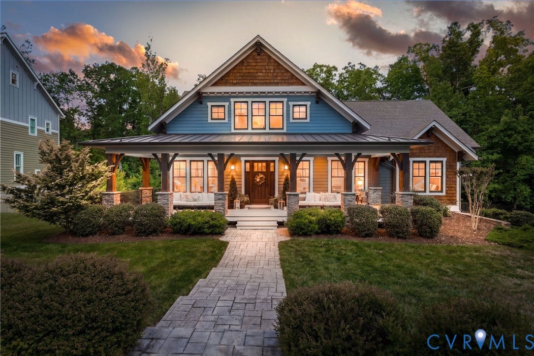 1925 Muswell Court, Hallsley, Midlothian, VA 23112 Craftsman-style home featuring a covered front porch with stone-clad columns and exposed wood beams