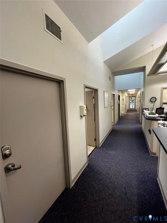 4064 James Madison Highway, Fork Union, VA 23055 Corridor with vaulted ceiling and central skylight, featuring dark blue carpet flooring, white walls, and multiple entry doors