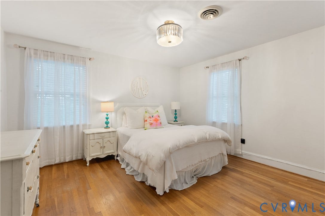 1905 Tunbridge Drive, Henrico, VA 23238 Hardwood flooring throughout featuring white walls, two windows with blinds, a crystal ceiling light fixture, and a built-in ceiling vent