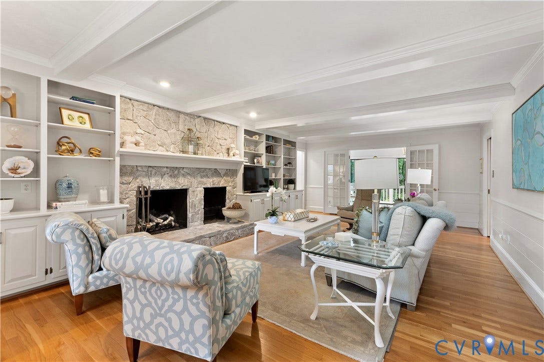 1905 Tunbridge Drive, Henrico, VA 23238 Living area featuring a stone-clad fireplace with hearth, built-in shelving, wood-finish flooring, and white ceiling beams