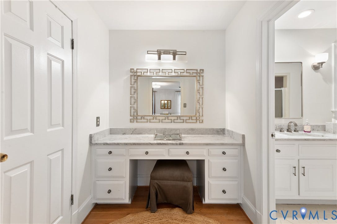1905 Tunbridge Drive, Henrico, VA 23238 Vanity station featuring a white cabinetry, light stone countertop, and decorative mirror with integrated lighting