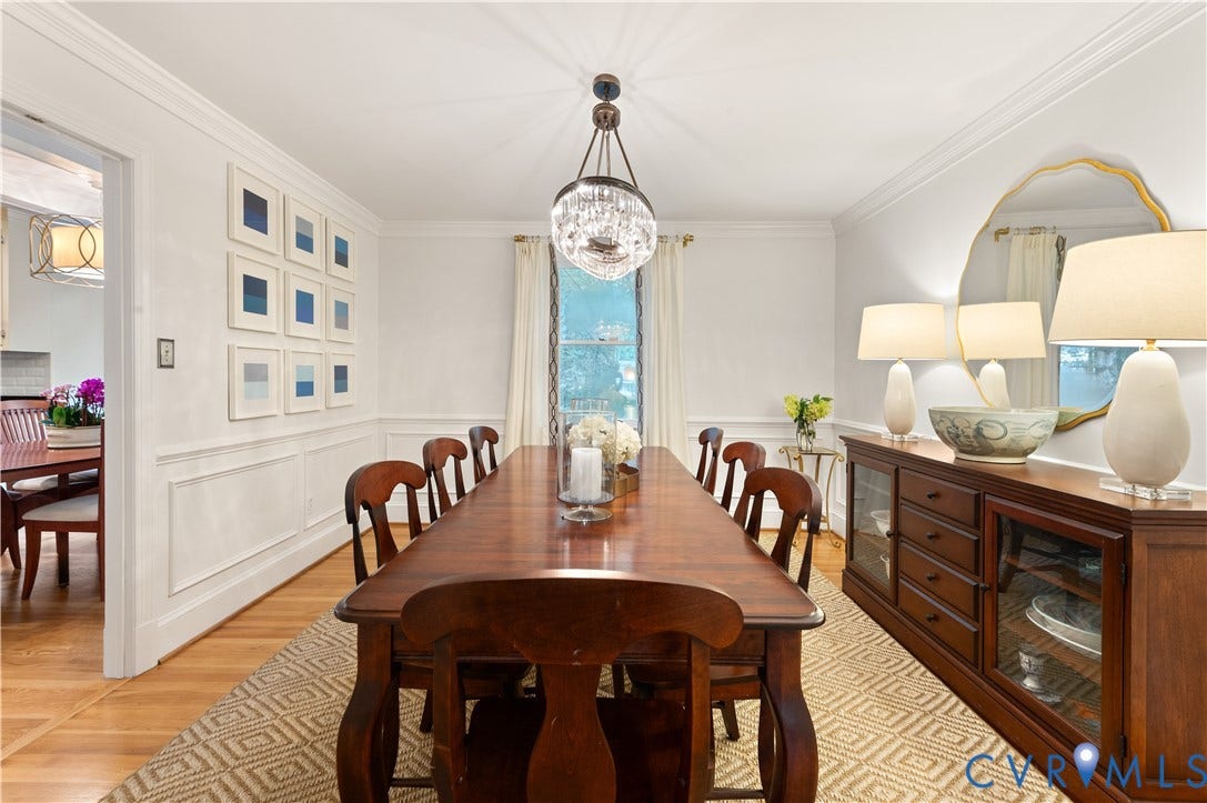 1905 Tunbridge Drive, Henrico, VA 23238 Dining area featuring wood-finish flooring, wainscoting, crown molding, and a crystal chandelier