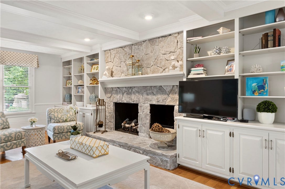 1905 Tunbridge Drive, Henrico, VA 23238 Stone-clad fireplace with a substantial hearth and mantelpiece, flanked by extensive built-in shelving and cabinetry