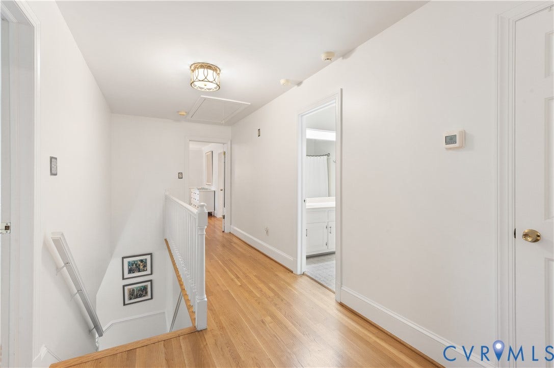 1905 Tunbridge Drive, Henrico, VA 23238 Upper-level hallway featuring wood-finish flooring, white walls, and a decorative ceiling light fixture