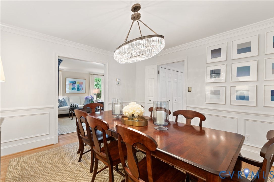 1905 Tunbridge Drive, Henrico, VA 23238 Dining area featuring hardwood flooring, wainscoting, an ornate chandelier, and an open doorway