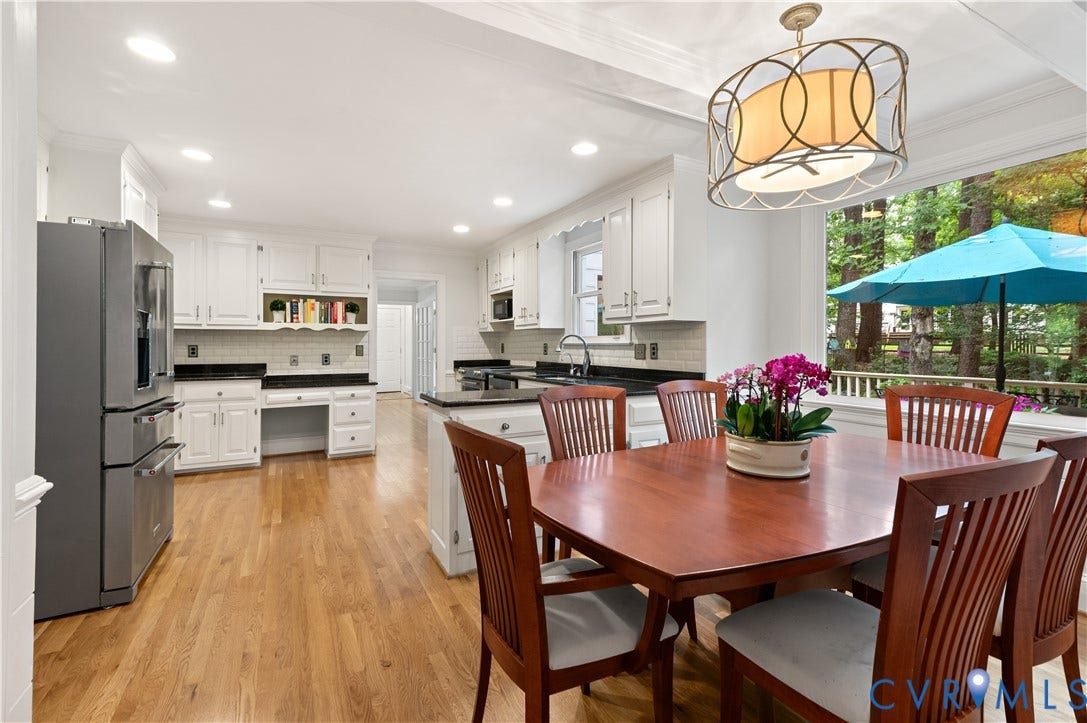 1905 Tunbridge Drive, Henrico, VA 23238 Kitchen and dining area featuring wood-finish flooring, white cabinetry, dark countertops, and a full suite of stainless steel appliances