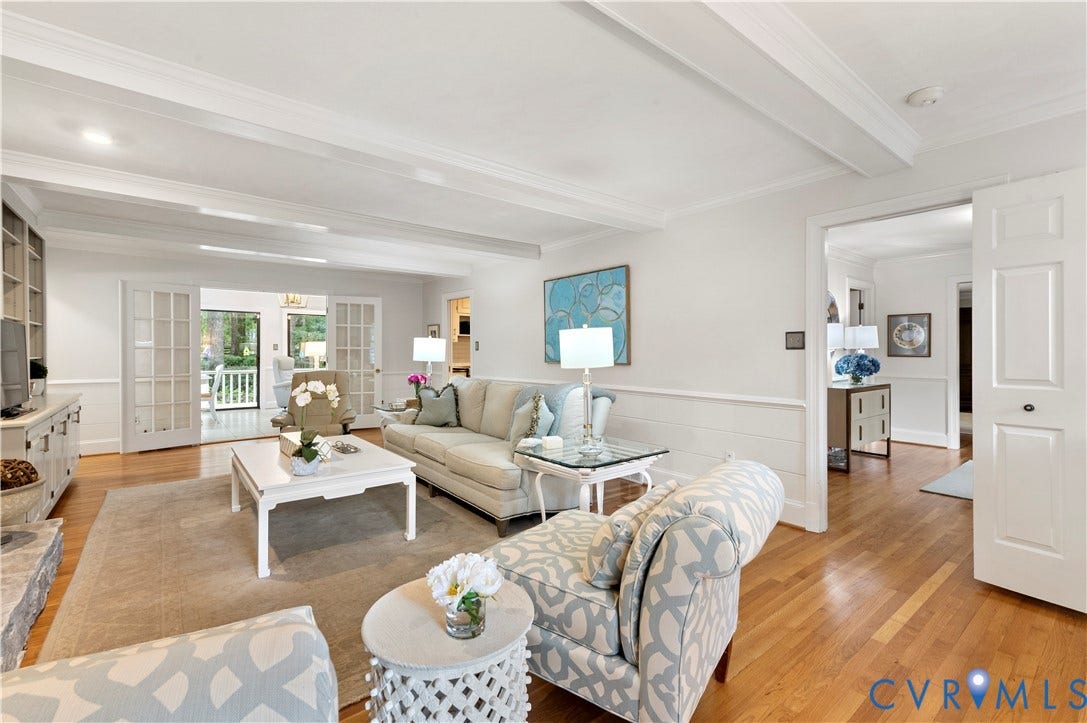 1905 Tunbridge Drive, Henrico, VA 23238 Living area featuring hardwood flooring, white wainscoting, recessed lighting, and exposed ceiling beams