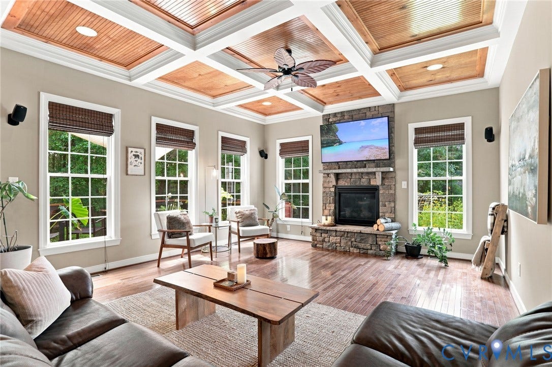 3655 Stone Harbor Drive, Midlothian, VA 23113 Living area featuring a coffered ceiling with wood paneling, a stone fireplace with a built-in mantel, rich wood-finish flooring, multiple large windows with natural light, and recessed lighting