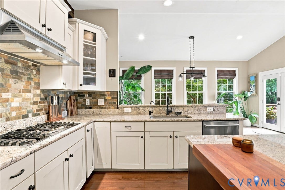3655 Stone Harbor Drive, Midlothian, VA 23113 Kitchen featuring white cabinetry, stone-finish countertops, stainless steel appliances, a gas range with range hood, and a brick-patterned backsplash