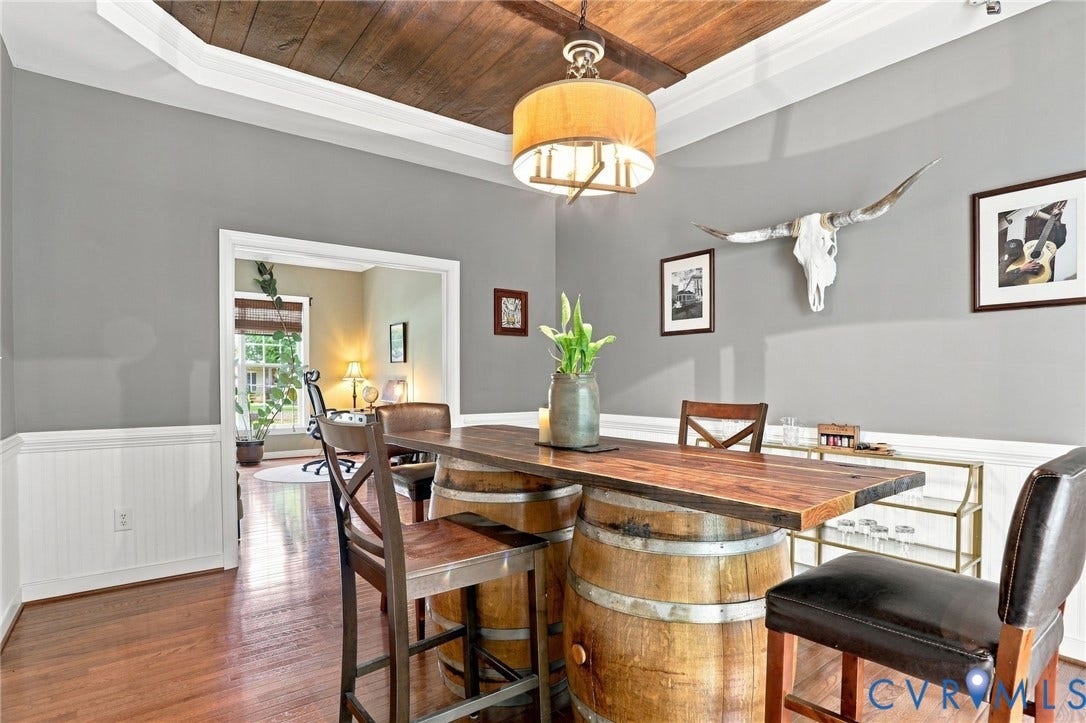 3655 Stone Harbor Drive, Midlothian, VA 23113 Dining area featuring wood-finish flooring, wainscoting, and a tray ceiling with a wood-plank inset