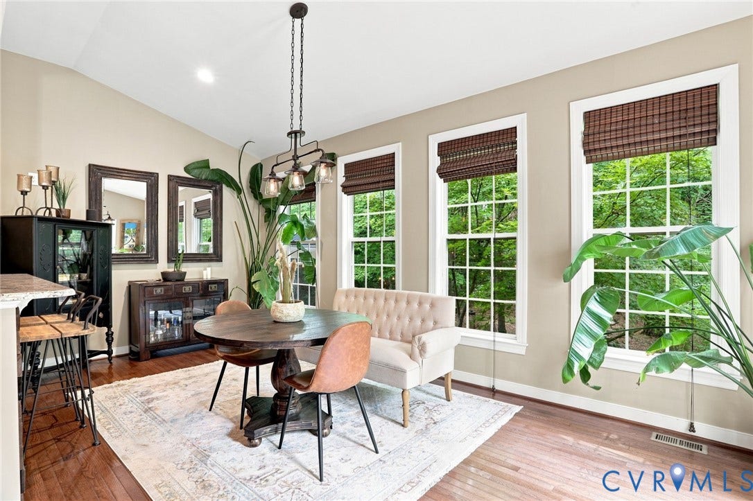 3655 Stone Harbor Drive, Midlothian, VA 23113 Dining space featuring wood-finish flooring, a vaulted ceiling, and recessed lighting