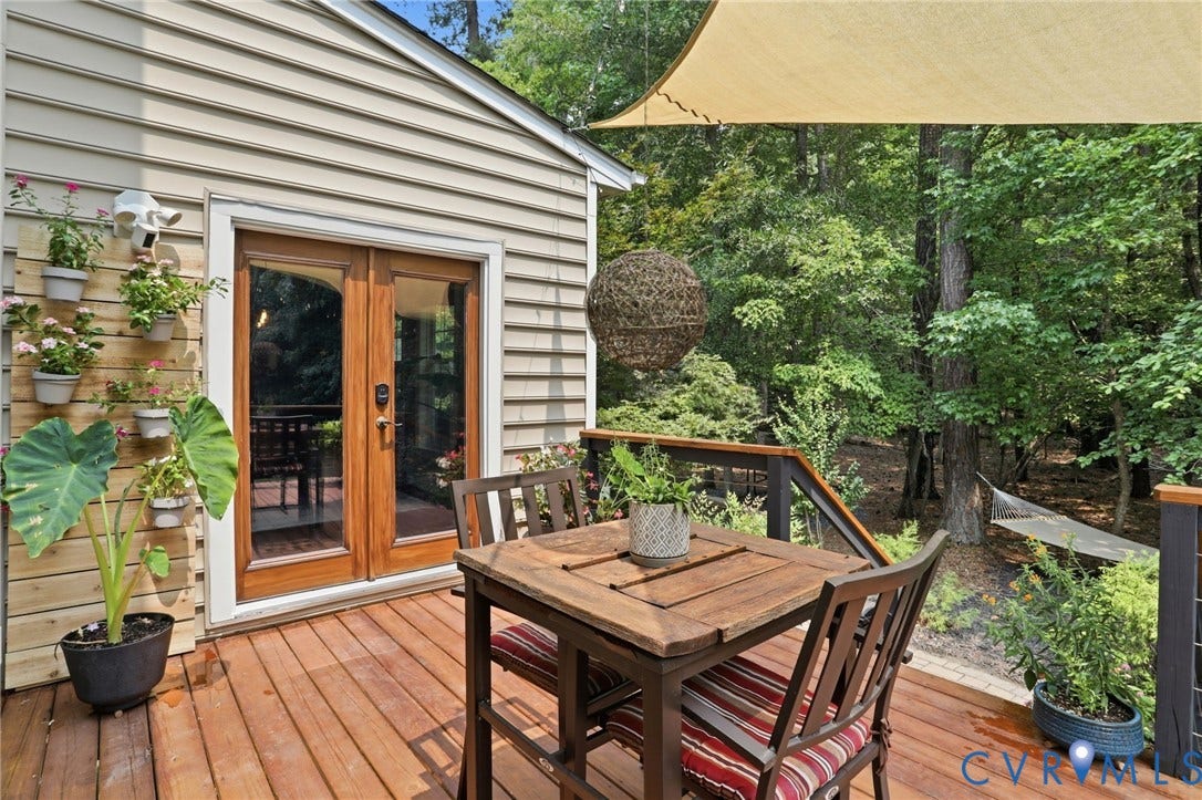 3655 Stone Harbor Drive, Midlothian, VA 23113 Expansive wood-finish deck featuring glass-paneled French doors and a privacy shade