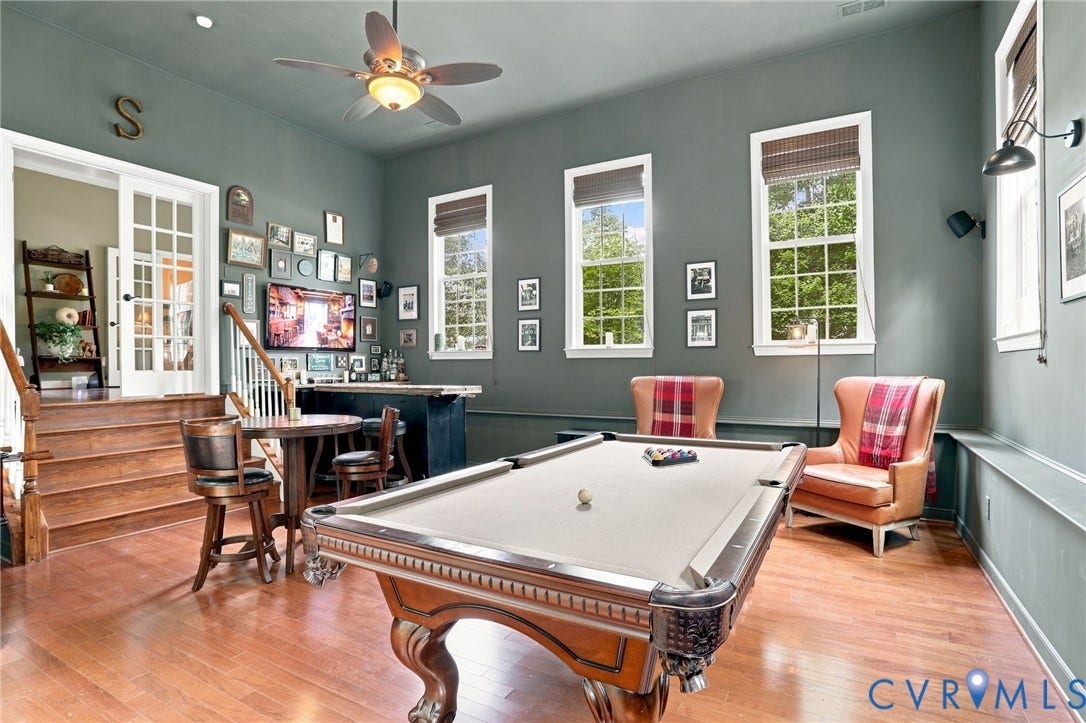 3655 Stone Harbor Drive, Midlothian, VA 23113 Recreation room featuring hardwood flooring, three tall windows with woven blinds, a built-in bar, and French doors