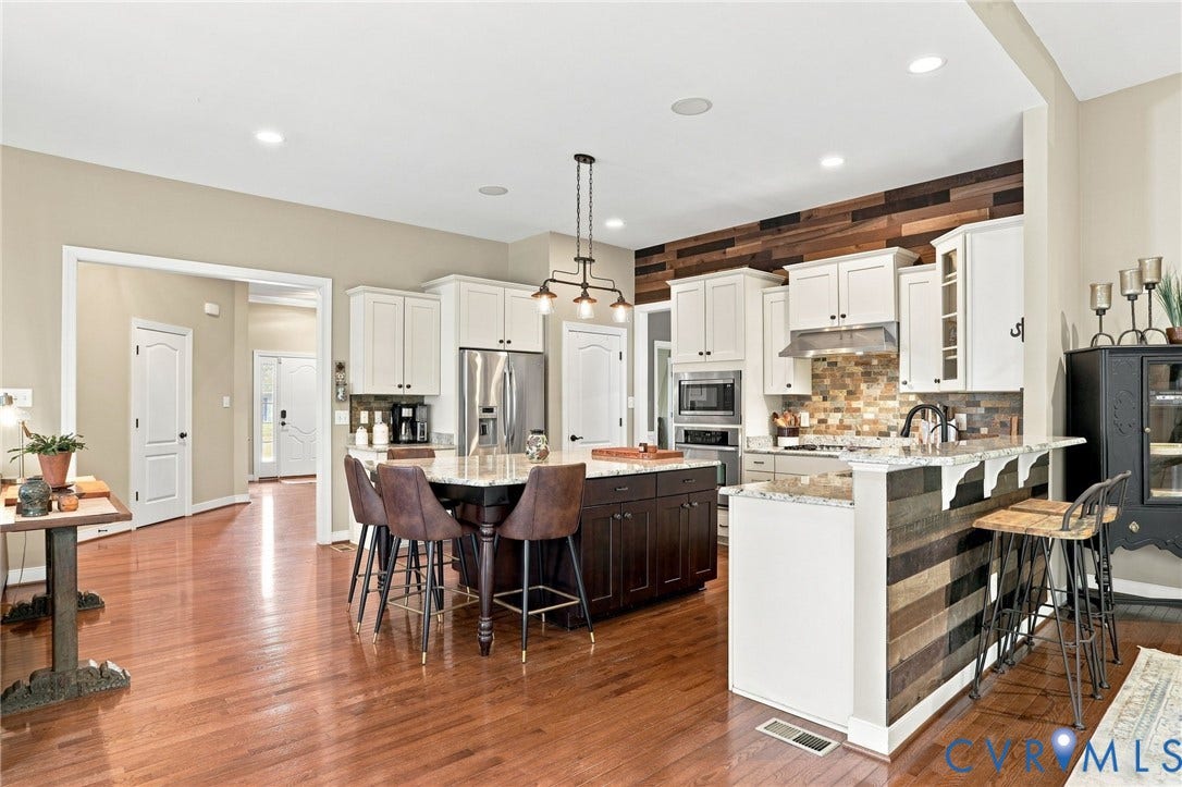 3655 Stone Harbor Drive, Midlothian, VA 23113 Open-concept kitchen featuring wood-finish flooring, white cabinetry, stainless steel appliances, a multi-tone wood accent wall, and a central island with countertop seating